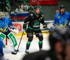 Hokejist HK Olimpija z drsalko in palico vodi plošček med tekmo v Beljaku.