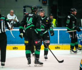 Hokejista HK Olimpija med igro na ledu.